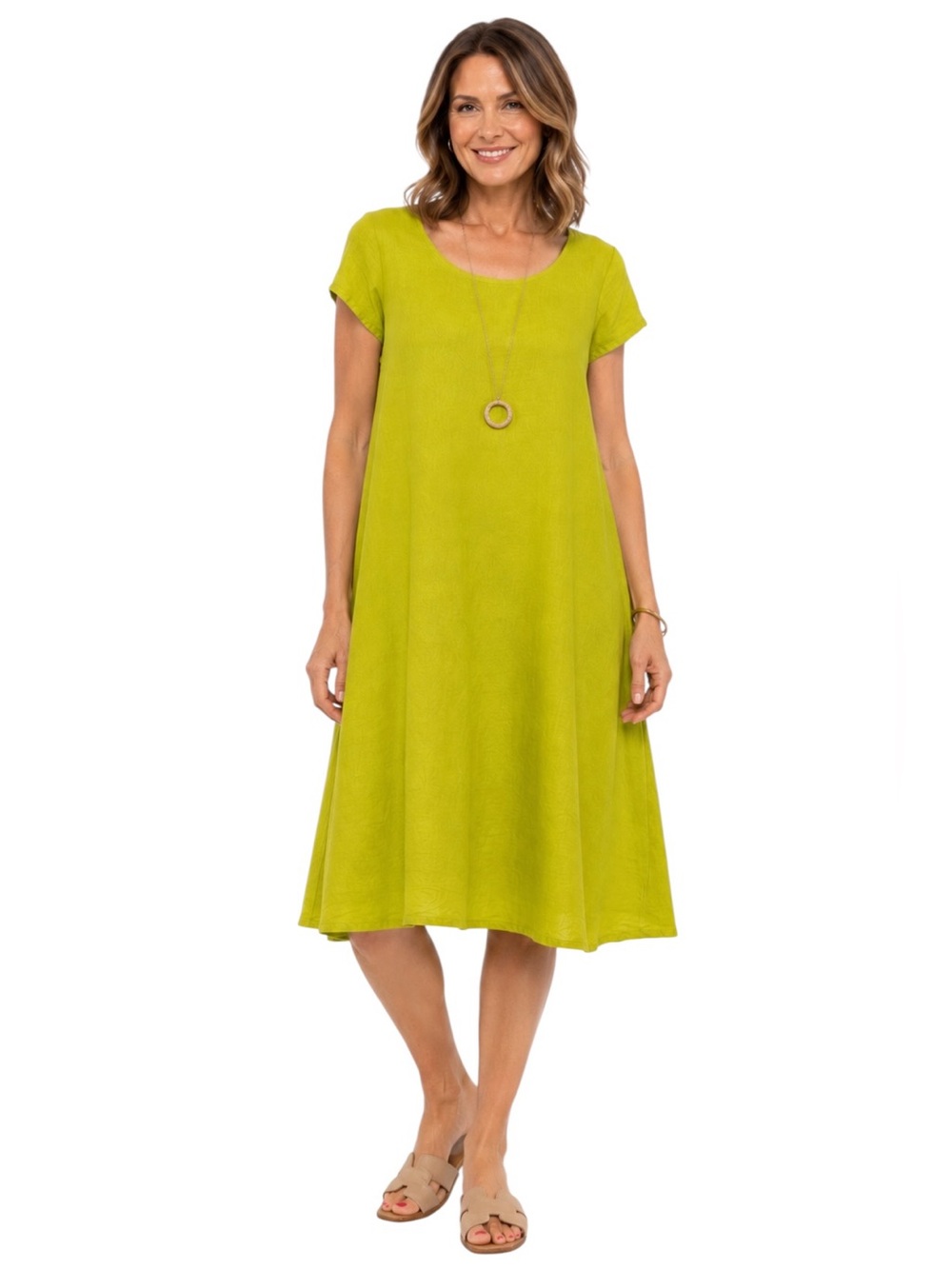 Bryn Walker Linen Swing Dress Lagenlook Chartreuse Green Yellow Size S